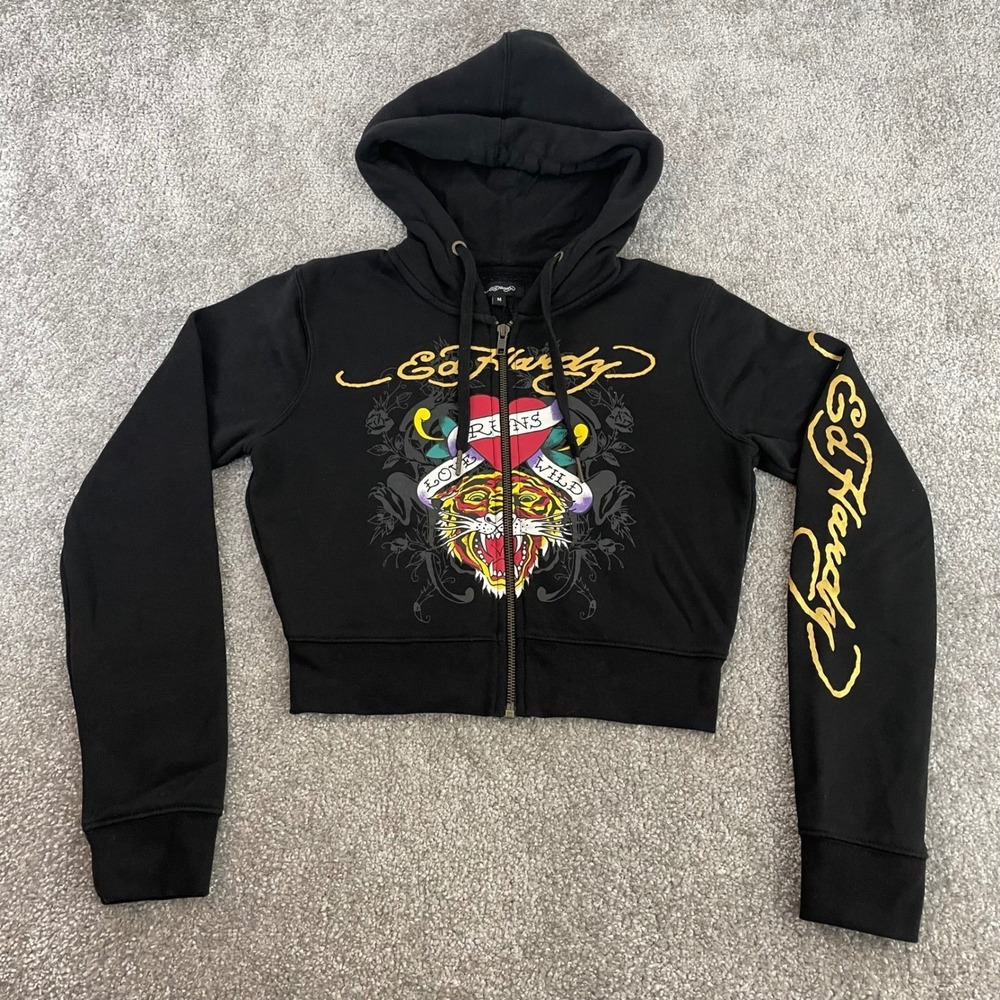 Ed Hardy Hoodie Womens Medium Cropped Zip Up Y2K Tiger Heart 2000s